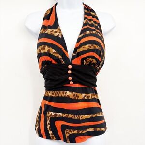 Viva You Womens Orange Leopard Tiger Stripe Y2K Indie Sleaze Halter Top Size S